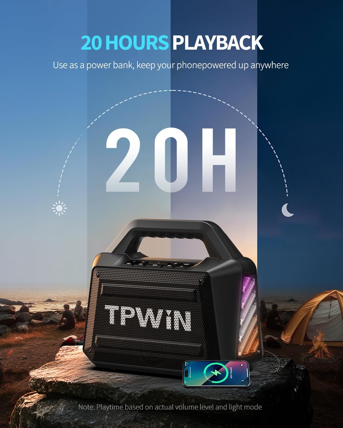 TPWIN Portable Bluetooth Speaker Wireless Speaker 80W Peak, Loud Speaker with Light