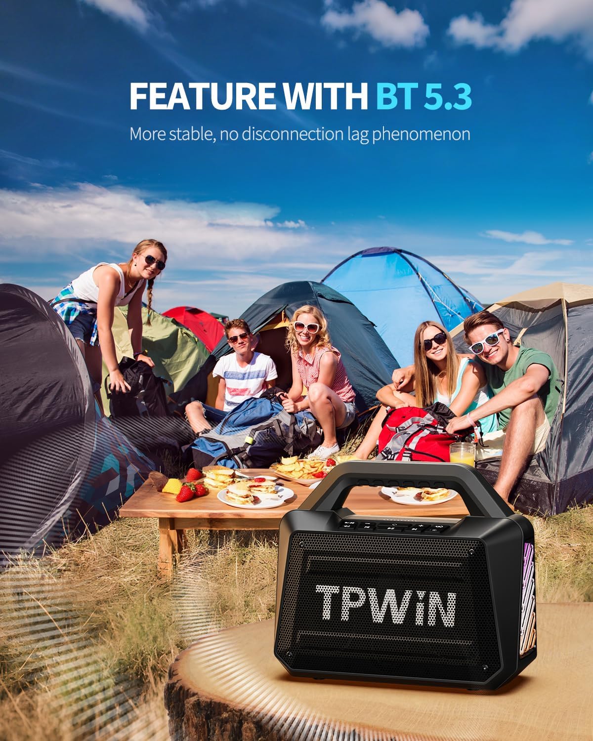 TPWIN Portable Bluetooth Speaker Wireless Speaker 80W Peak, Loud Speaker with Light