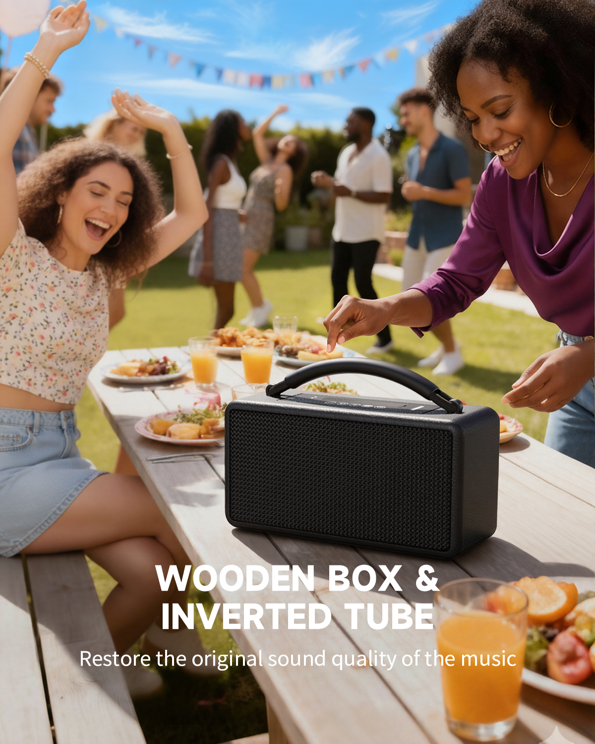 DINDIN Portable Bluetooth Speaker: 80W (Peak), 20H Playtime, Loud Wireless Wood Speakers