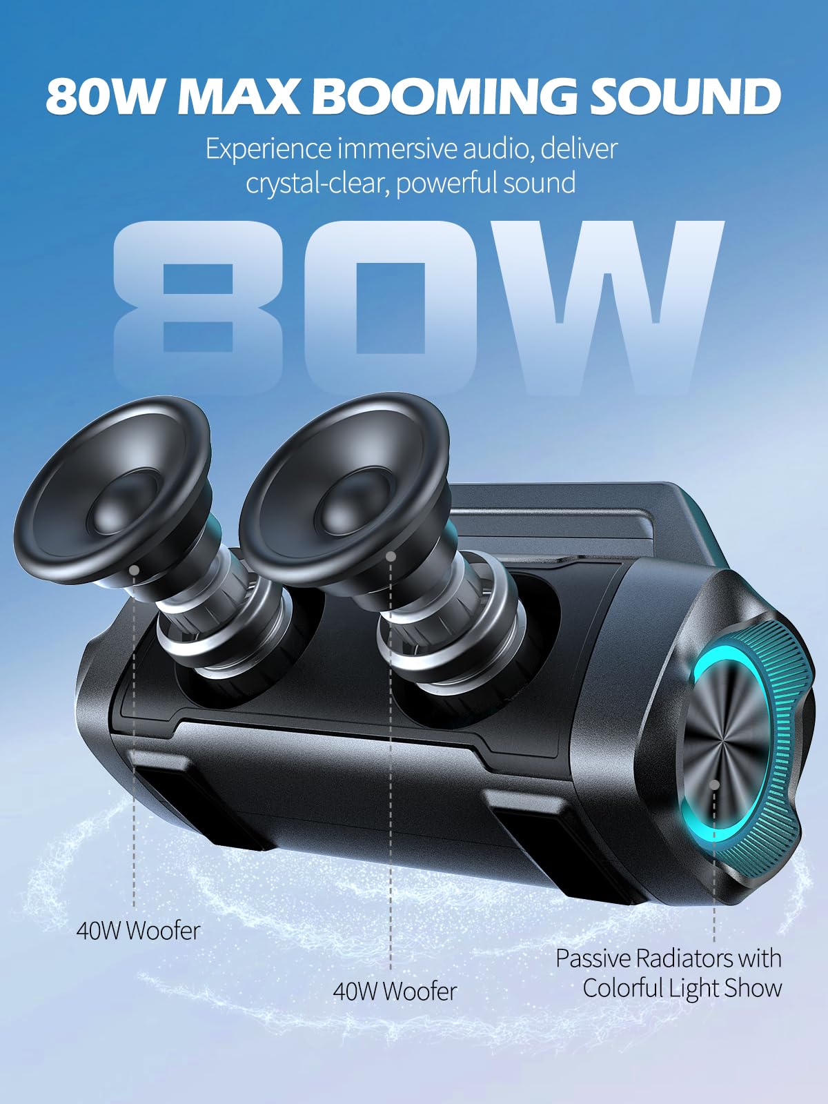 XONERA Speakers Bluetooth Wireless, 80W Peak Loud Outdoor Speaker with Bass