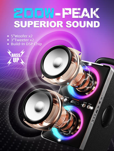YIER Bluetooth Speaker, 200W Peak Loud Stereo with Big Bass